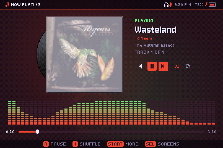 The player switching between four albums, its accent going orange, blue, green and pink with each cover
