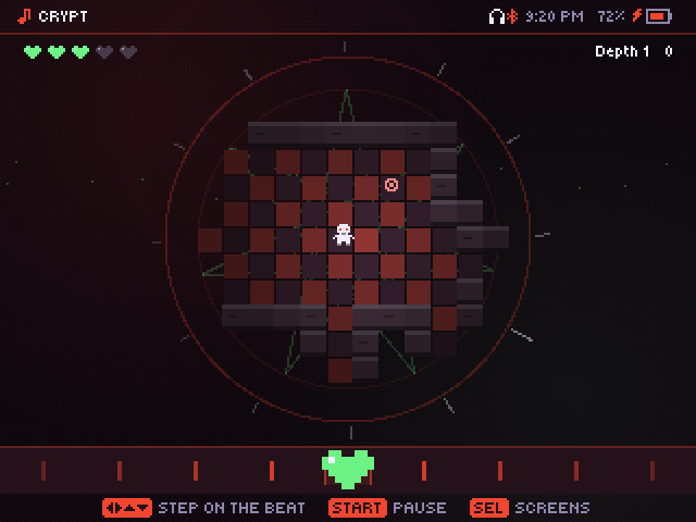 Crypt: a hooded hero steps through a dungeon whose floor tiles flash on every beat, with slimes, coins and a rhythm bar