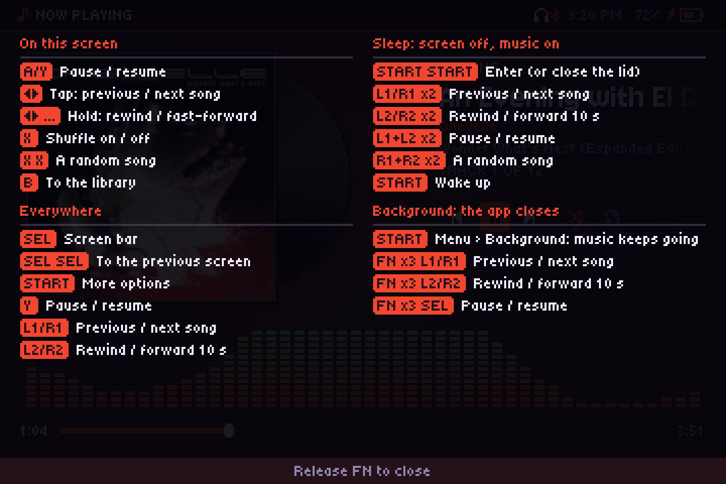 The controls guide over the player, listing the buttons for on-screen, everywhere, sleep and background use