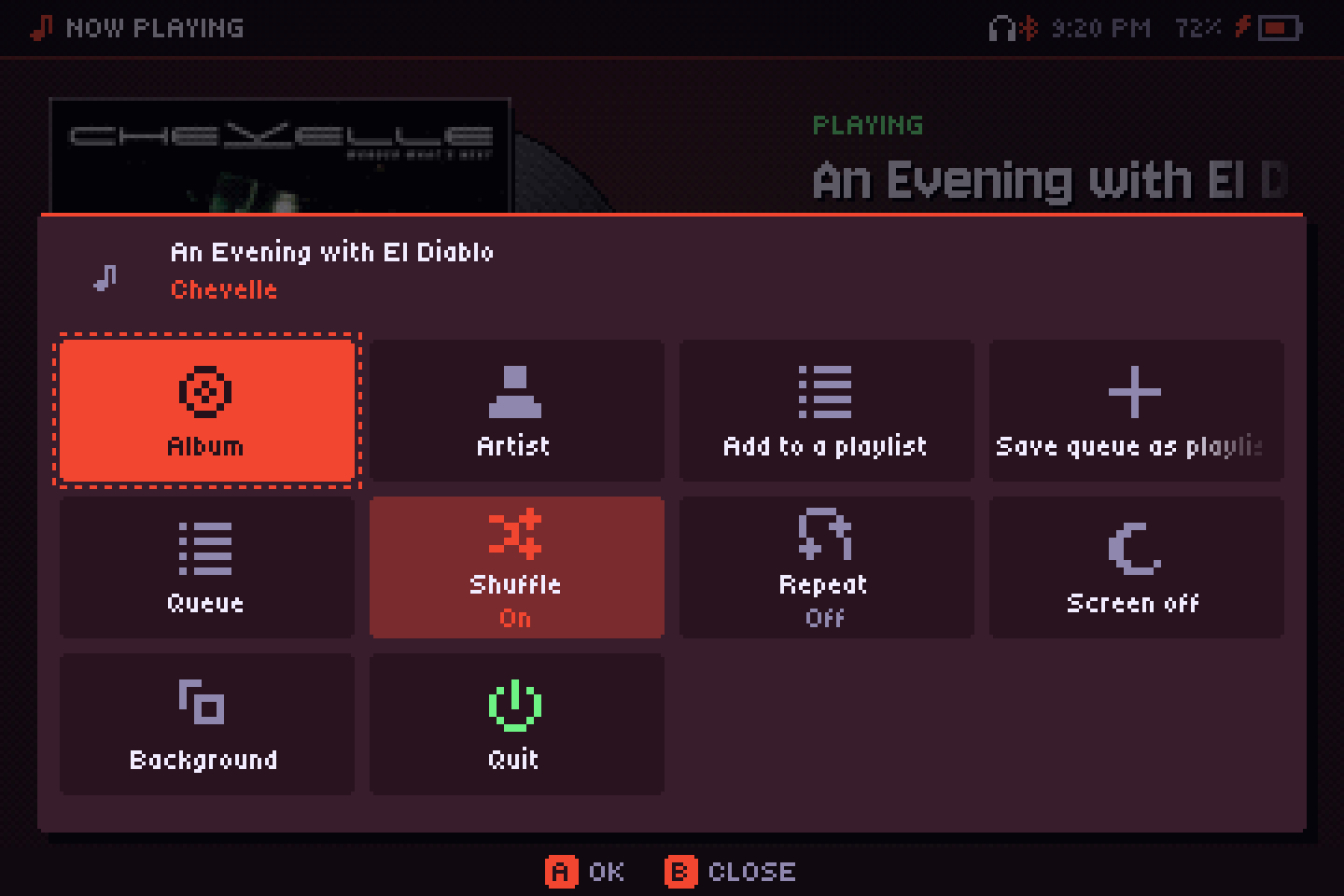 The More menu with Album, Artist, Add to a playlist, Queue, Shuffle, Repeat, Screen off, Background and Quit