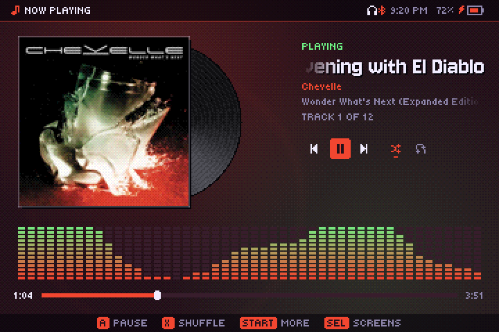 The Now Playing screen: album cover, track info and a spectrum visualizer pulsing with the song