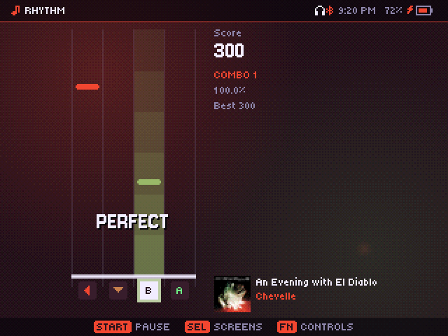 Rhythm: notes fall down lanes built from the song's beats, with a PERFECT hit message