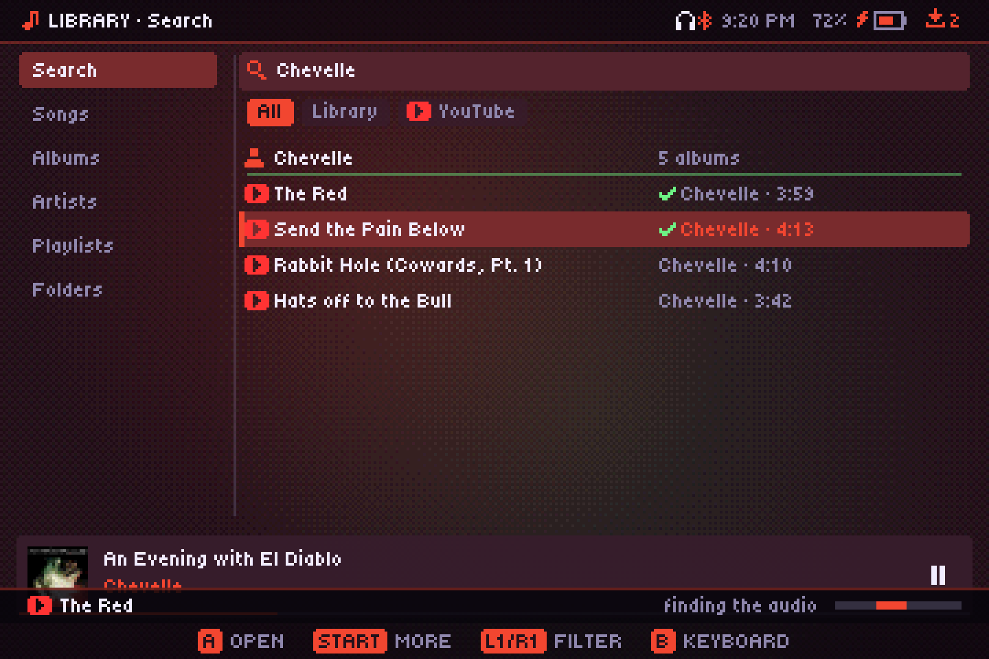 Search with All, Library and YouTube filters; songs you already have are checked