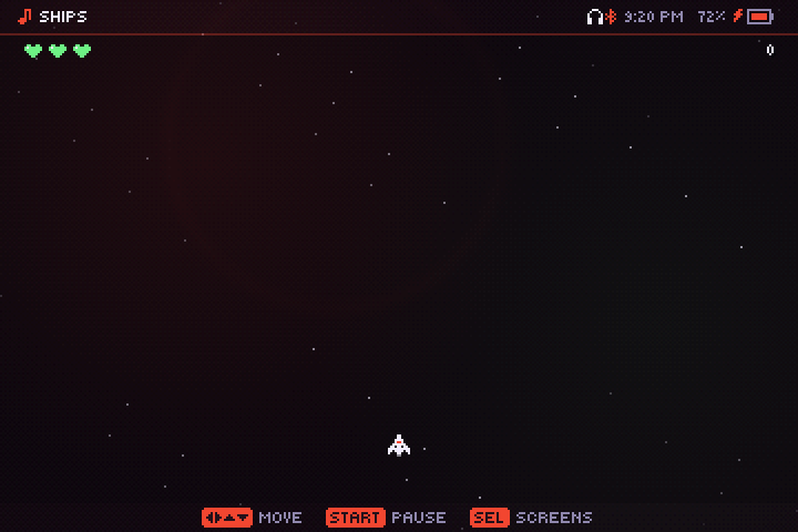 Ships: a ship firing upward at pixel aliens over a starfield