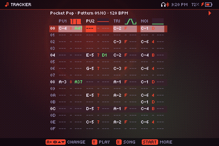 The tracker playing Pocket Pop: four channels with live oscilloscopes, cells lighting up as their notes play, the view following the song from pattern to pattern